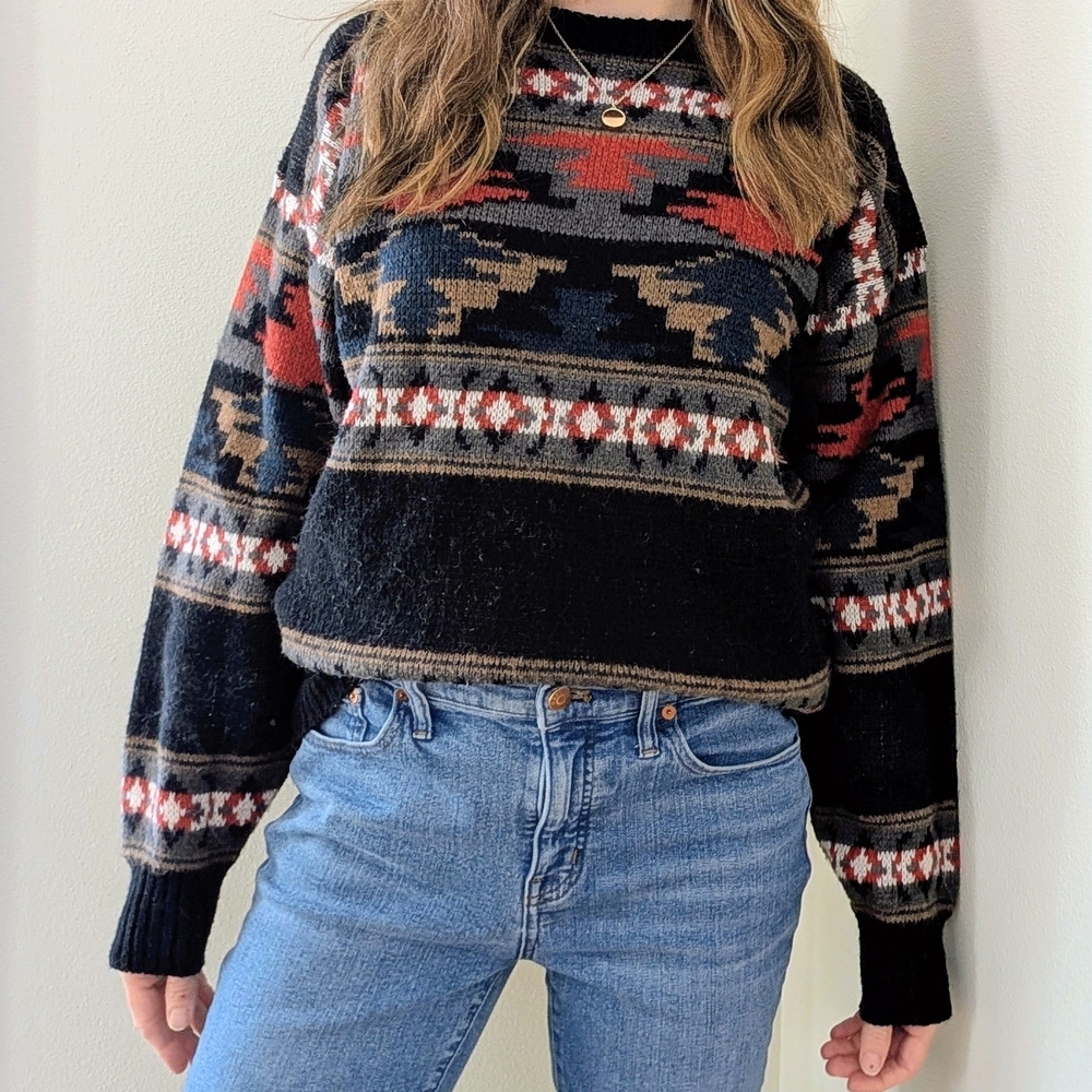 Vintage Southwestern Abstract Geometric Patterned Crewneck Sweater In Black/Red